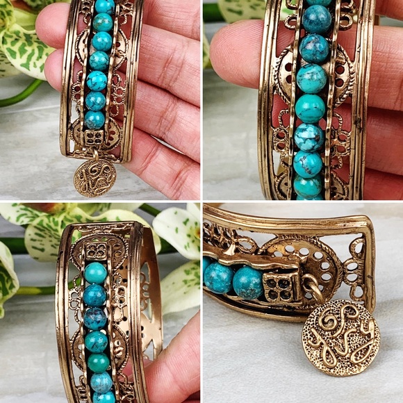 Boho Festival Bronze Round Turquoise Beaded Cuff - Picture 8 of 9
